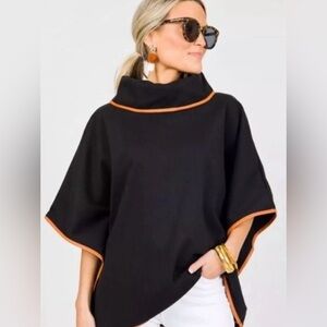 Tuckernuck Piper Poncho Black with Leather Trim and Funnel Collar OS